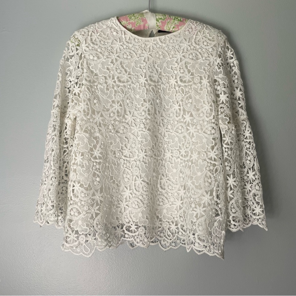 Neutral Dove White Boxy Scalloped Floral Paisley Star Lace 3/4 Sleeve Top